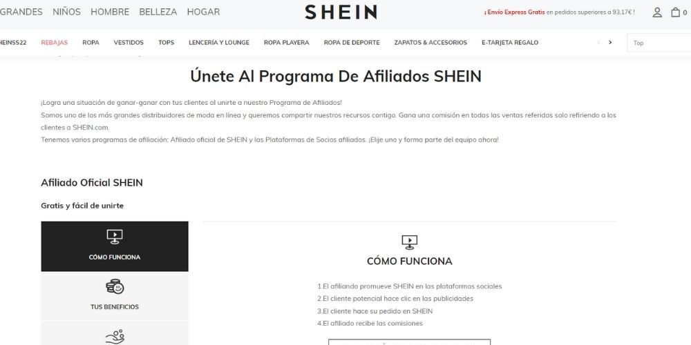 beneficios del programa de afiliados de Shein